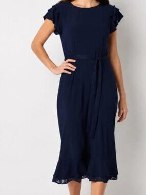 Perceptions New York Navy Flutter Sleeve Tulip Hem Midi Dress -Large